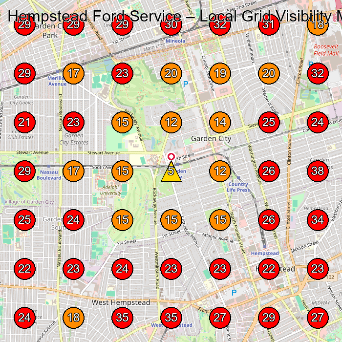Hempstead Ford Service GeoGrid visibility map for Auto Repair Shop in Mineola